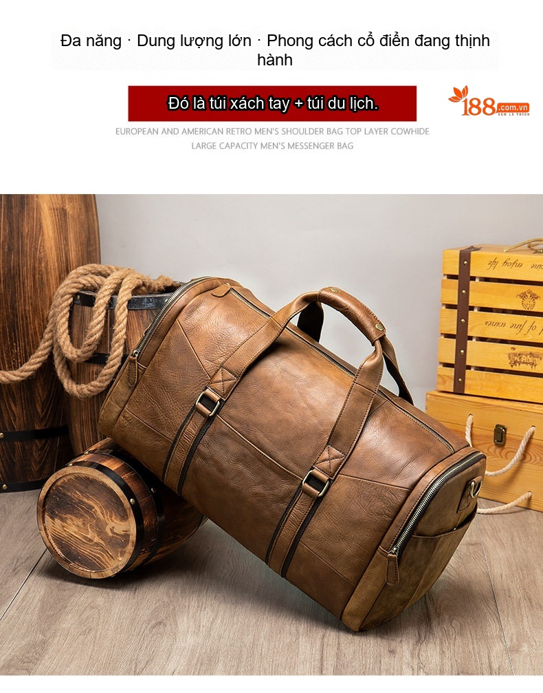Túi Du Lịch Nam Da Thật Kiểu Dáng Retro Đựng Đồ Cá Nhân Đa Năng Sức Chứa Lớn Màu Nâu chi tiết 3