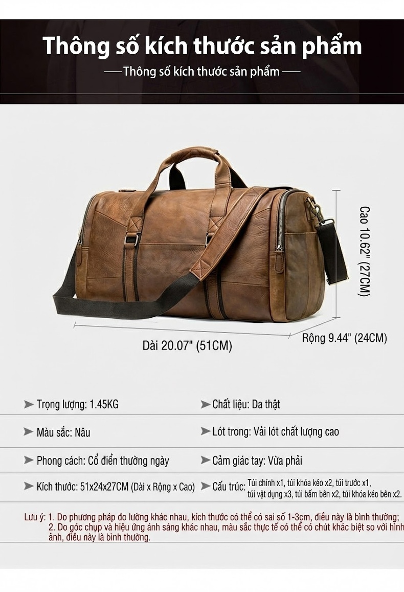 Túi Du Lịch Nam Da Thật Kiểu Dáng Retro Đựng Đồ Cá Nhân Đa Năng Sức Chứa Lớn Màu Nâu chi tiết 7