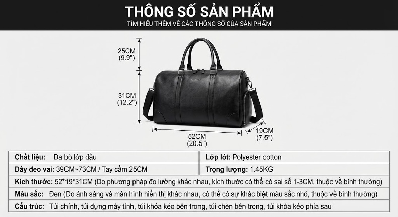 Túi Du Lịch Nam Da Thật Sức Chứa Lớn Phong Cách Thời Trang Màu Đen, Nâu chi tiết 2