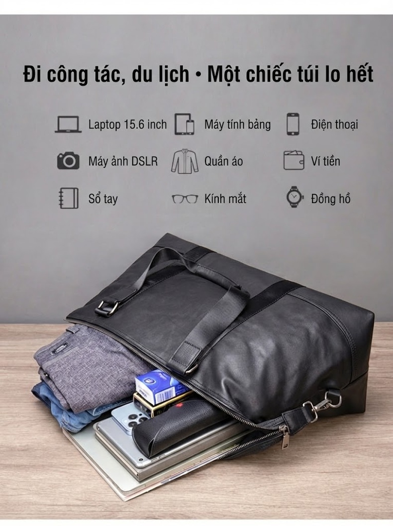 Túi Du Lịch Nam Da Thật Sức Chứa Lớn Phong Cách Thời Trang Màu Đen, Nâu chi tiết 5