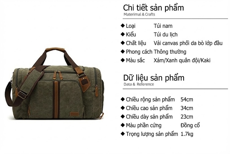 Túi Du Lịch Canvas Da Thật Thể Thao Gym Chống Nước Ngăn Đồ Ướt chi tiết 4