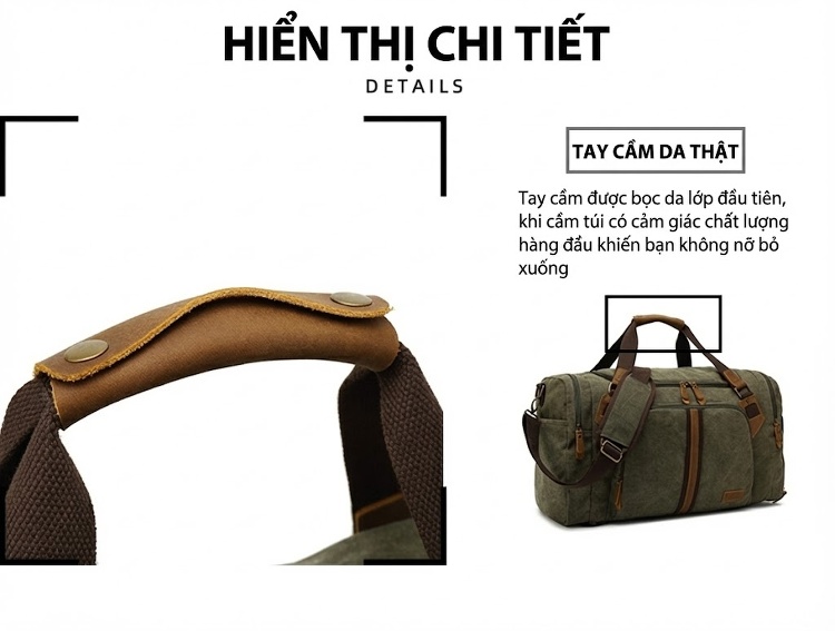 Túi Du Lịch Canvas Da Thật Thể Thao Gym Chống Nước Ngăn Đồ Ướt chi tiết 9