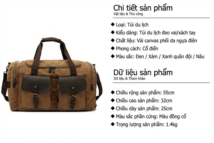 Túi Du Lịch Vải Canvas Đựng Đồ Cá Nhân, Yoga, Tập Gym, Hành Lý Da Bò Màu Nâu, Xám, Đen, Xanh... chi tiết 5