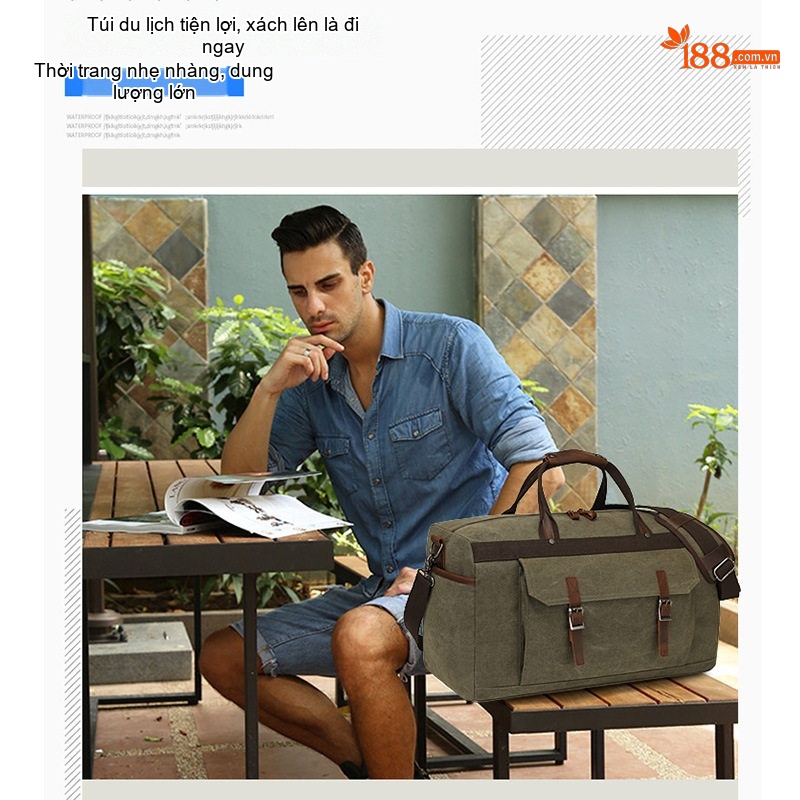 Túi Du Lịch Xách Tay Vải Canvas Đeo Chéo Phong Cách Âu Mỹ Kết Hợp Da Thật Màu Xanh Olive, Xám, Nâu
