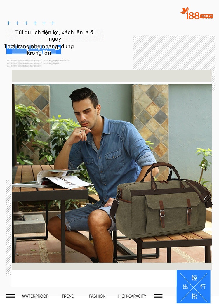 Túi Du Lịch Xách Tay Vải Canvas Đeo Chéo Phong Cách Âu Mỹ Kết Hợp Da Thật Màu Xanh Olive, Xám, Nâu chi tiết 3