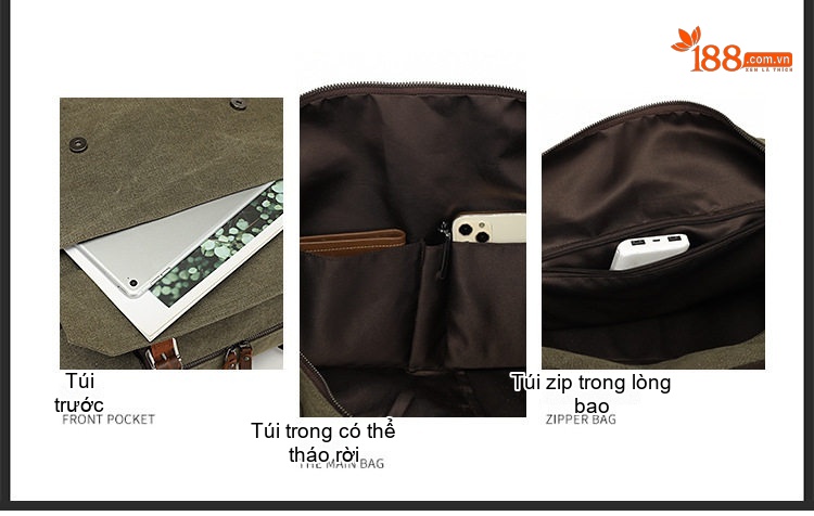 Túi Du Lịch Xách Tay Vải Canvas Đeo Chéo Phong Cách Âu Mỹ Kết Hợp Da Thật Màu Xanh Olive, Xám, Nâu chi tiết 6