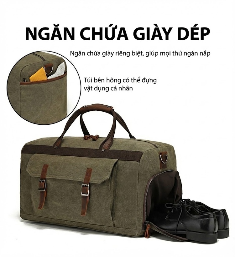 Túi Du Lịch Xách Tay Vải Canvas Đeo Chéo Phong Cách Âu Mỹ Kết Hợp Da Thật Màu Xanh Olive, Xám, Nâu chi tiết 7