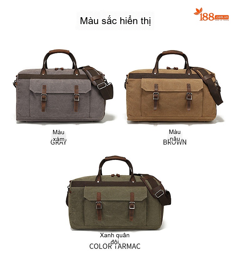 Túi Du Lịch Xách Tay Vải Canvas Đeo Chéo Phong Cách Âu Mỹ Kết Hợp Da Thật Màu Xanh Olive, Xám, Nâu chi tiết 10