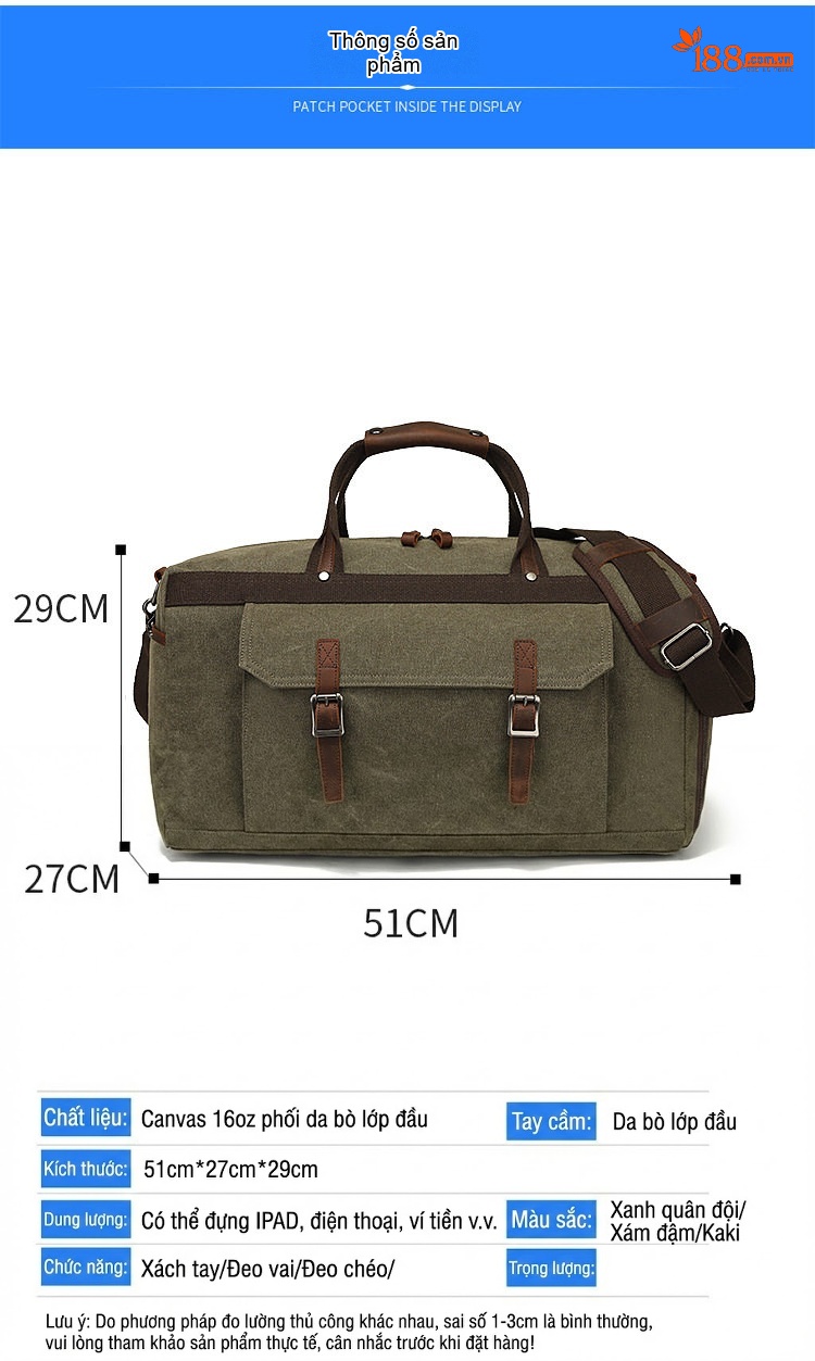 Túi Du Lịch Xách Tay Vải Canvas Đeo Chéo Phong Cách Âu Mỹ Kết Hợp Da Thật Màu Xanh Olive, Xám, Nâu chi tiết 9