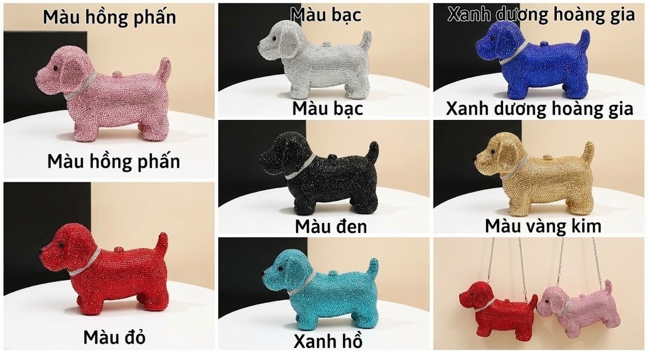 Túi Dự Tiệc Đính Đá Hình Chú Chó Mini Cầm Tay Sang Trọng Màu Đỏ, Hồng, Đen, Xanh... chi tiết 1