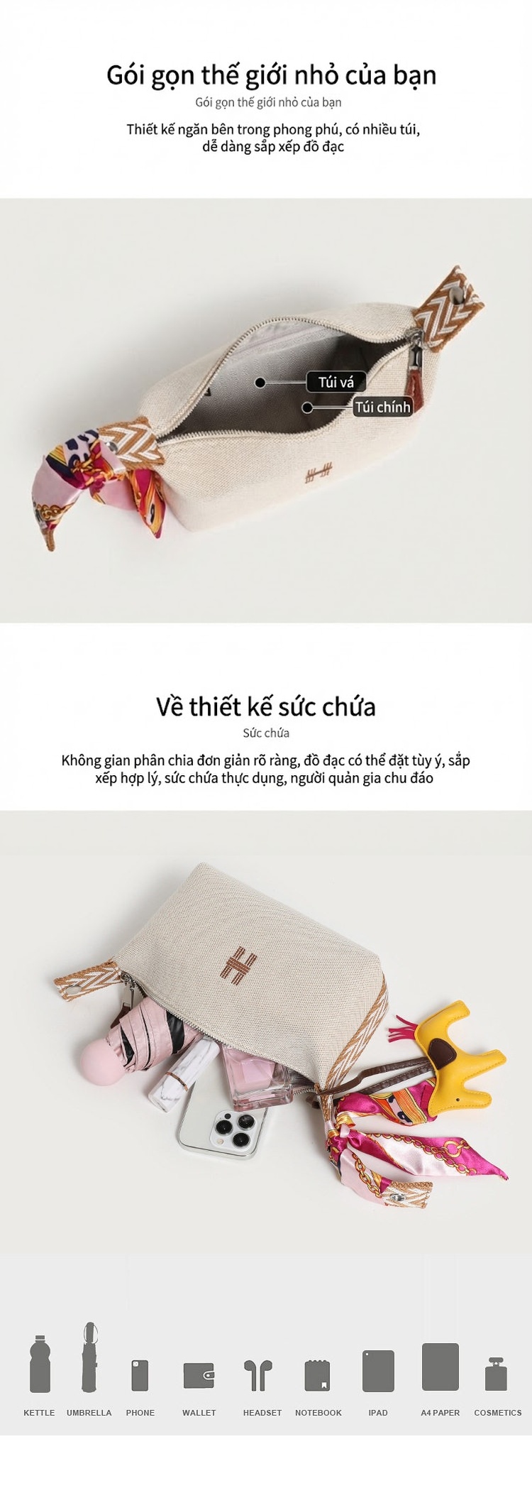 Túi Tote Canvas Đeo Chéo Thời Trang Đựng Cơm Mỹ Phẩm chi tiết 4