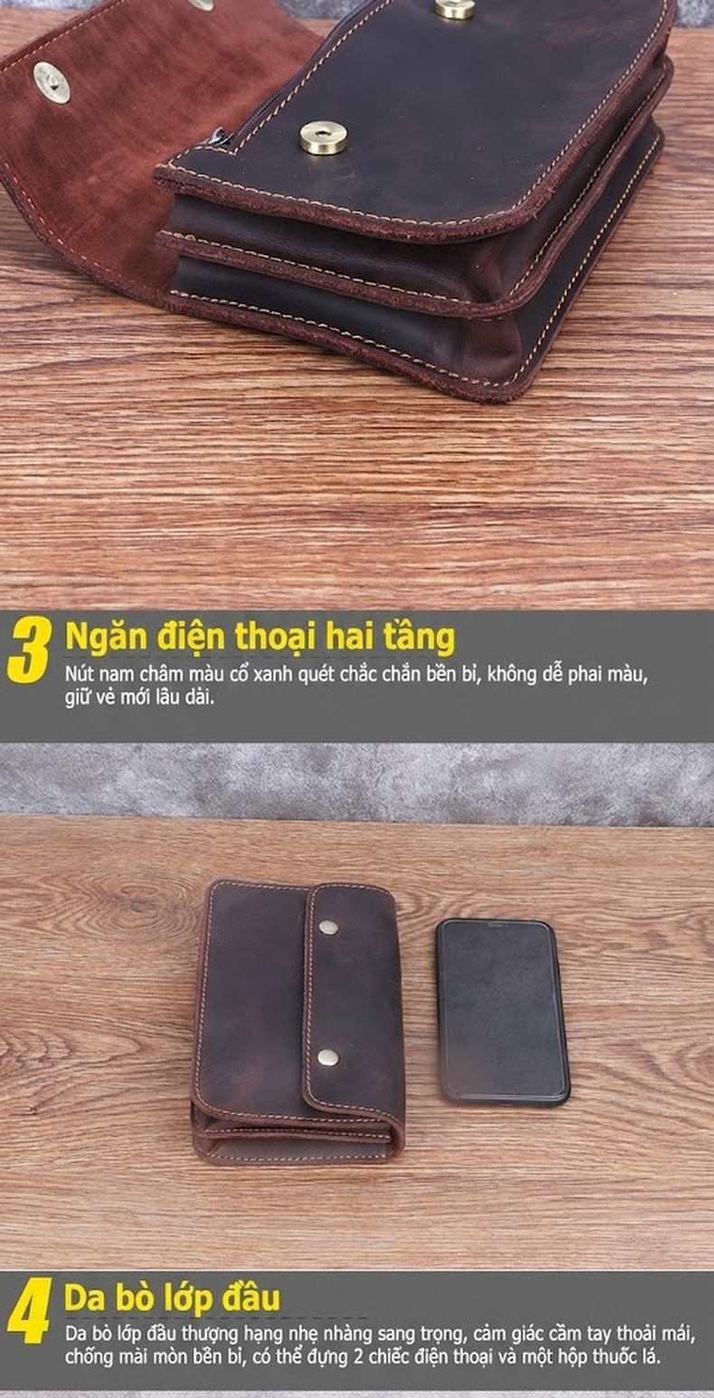 Túi Đựng Điện Thoại Đeo Thắt Lưng Nam Da Bò Lớp Đầu Khóa Bấm Size Lớn Màu Nâu Đậm, Nâu Vàng chi tiết 16