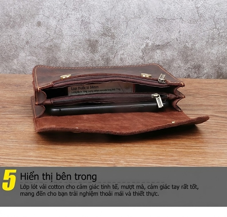 Túi Đựng Điện Thoại Đeo Thắt Lưng Nam Da Bò Lớp Đầu Khóa Bấm Size Lớn Màu Nâu Đậm, Nâu Vàng chi tiết 17