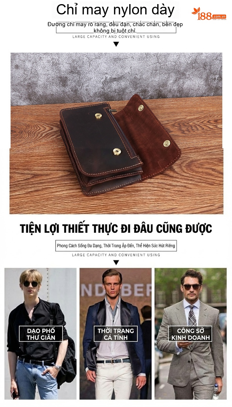 Túi Đựng Điện Thoại Đeo Thắt Lưng Nam Da Bò Lớp Đầu Khóa Bấm Size Lớn Màu Nâu Đậm, Nâu Vàng chi tiết 3