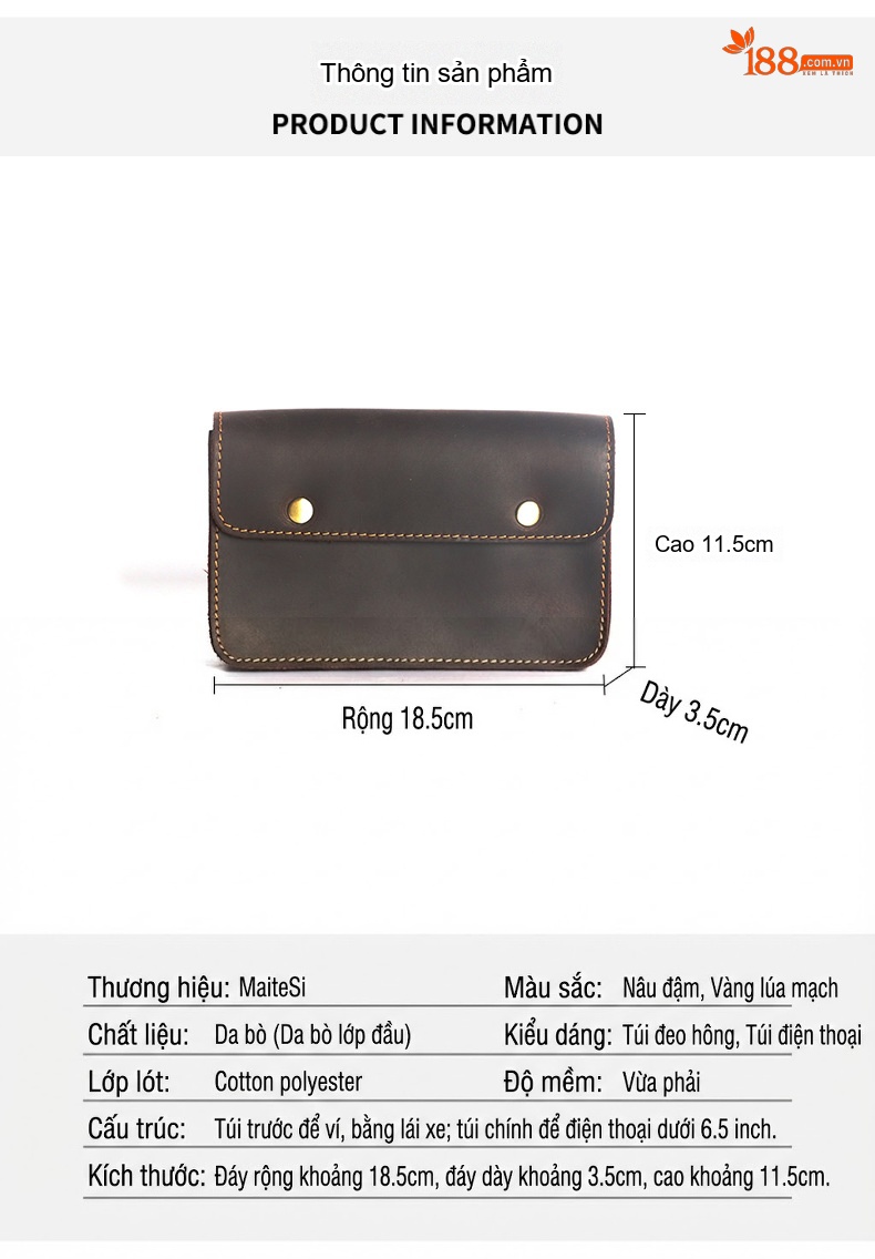 Túi Đựng Điện Thoại Đeo Thắt Lưng Nam Da Bò Lớp Đầu Khóa Bấm Size Lớn Màu Nâu Đậm, Nâu Vàng chi tiết 4