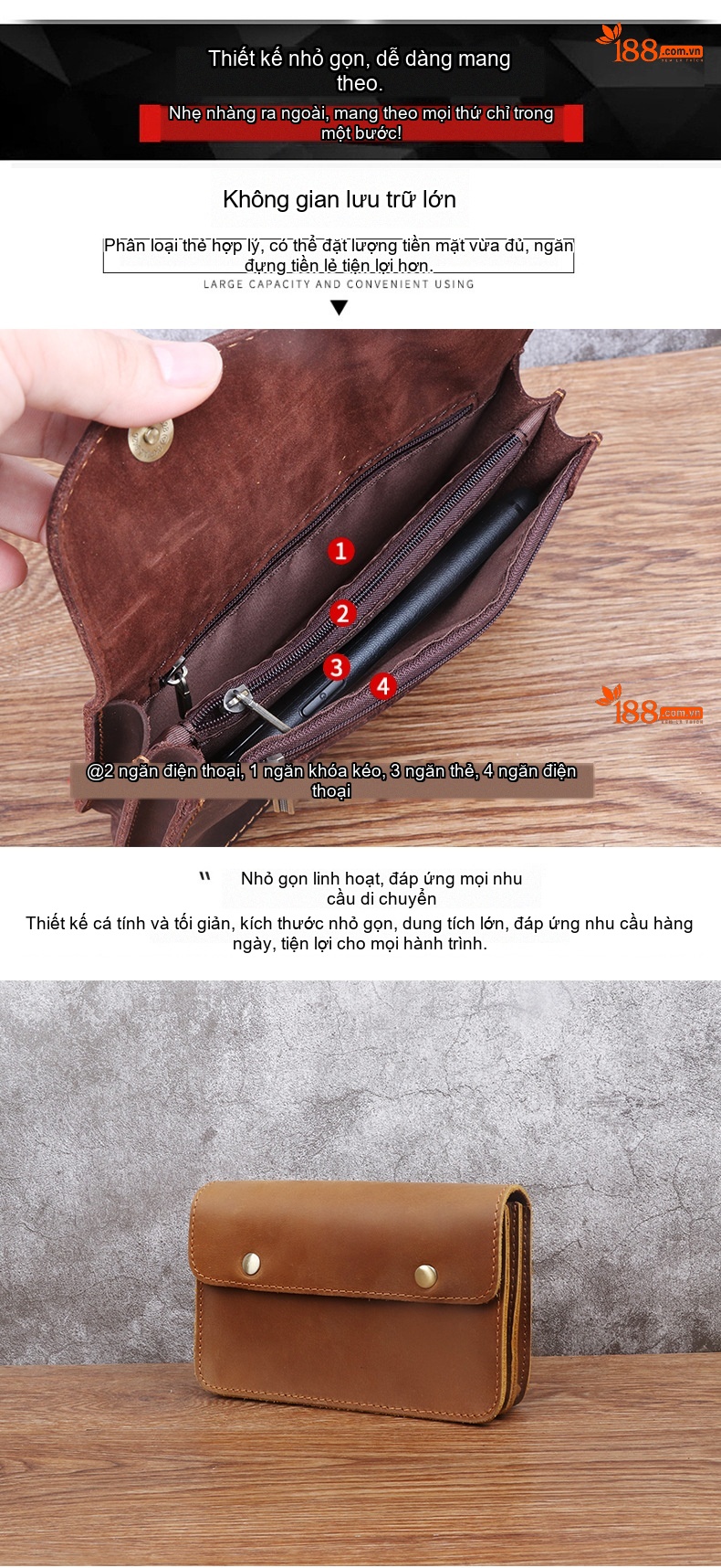 Túi Đựng Điện Thoại Đeo Thắt Lưng Nam Da Bò Lớp Đầu Khóa Bấm Size Lớn Màu Nâu Đậm, Nâu Vàng chi tiết 5