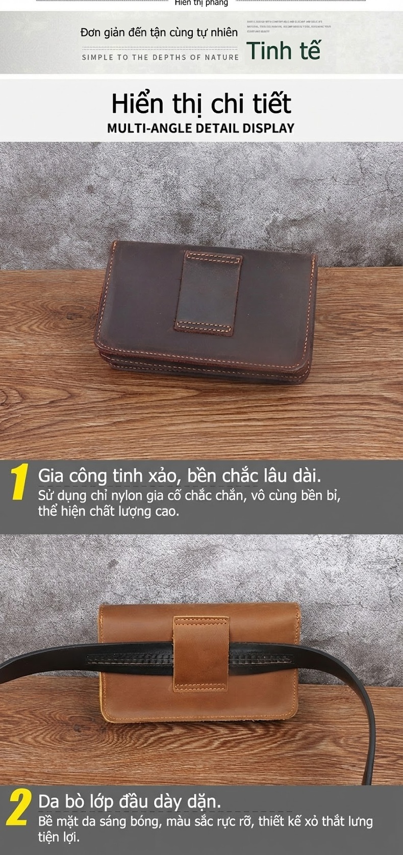 Túi Đựng Điện Thoại Đeo Thắt Lưng Nam Da Bò Lớp Đầu Khóa Bấm Size Lớn Màu Nâu Đậm, Nâu Vàng chi tiết 15