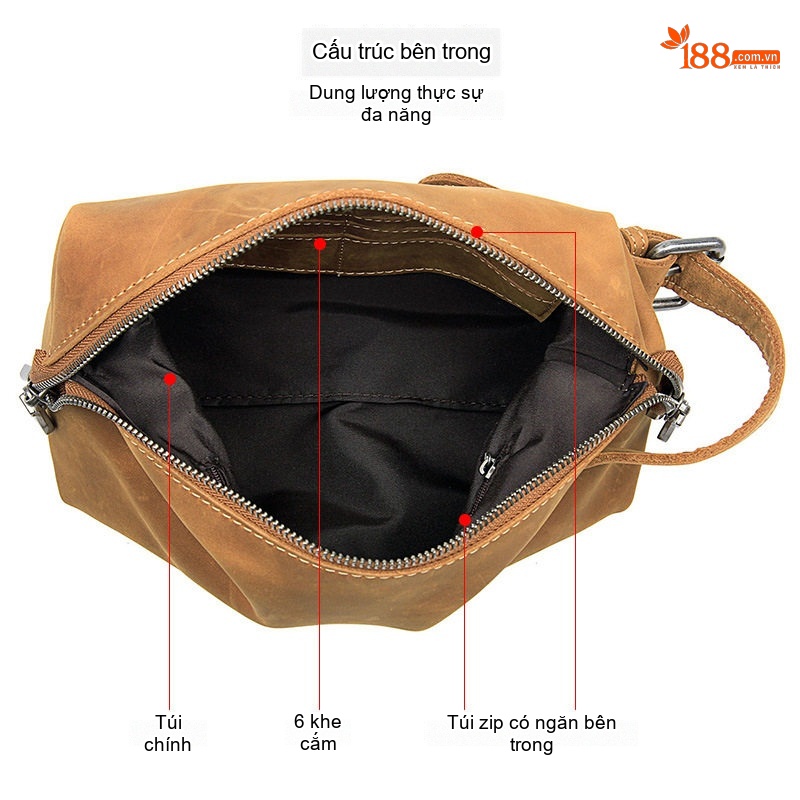 Túi Đựng Đồ Cá Nhân/Makeup Nam Nữ Da Bò Vintage Dung Tích Lớn Màu Nâu