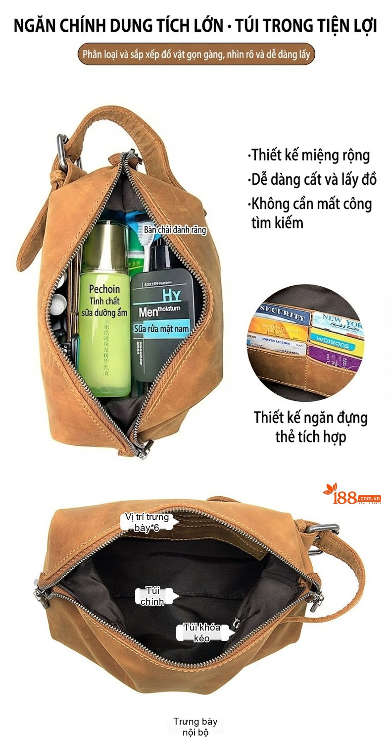 Túi Đựng Đồ Cá Nhân/Makeup Nam Nữ Da Bò Vintage Dung Tích Lớn Màu Nâu chi tiết 4