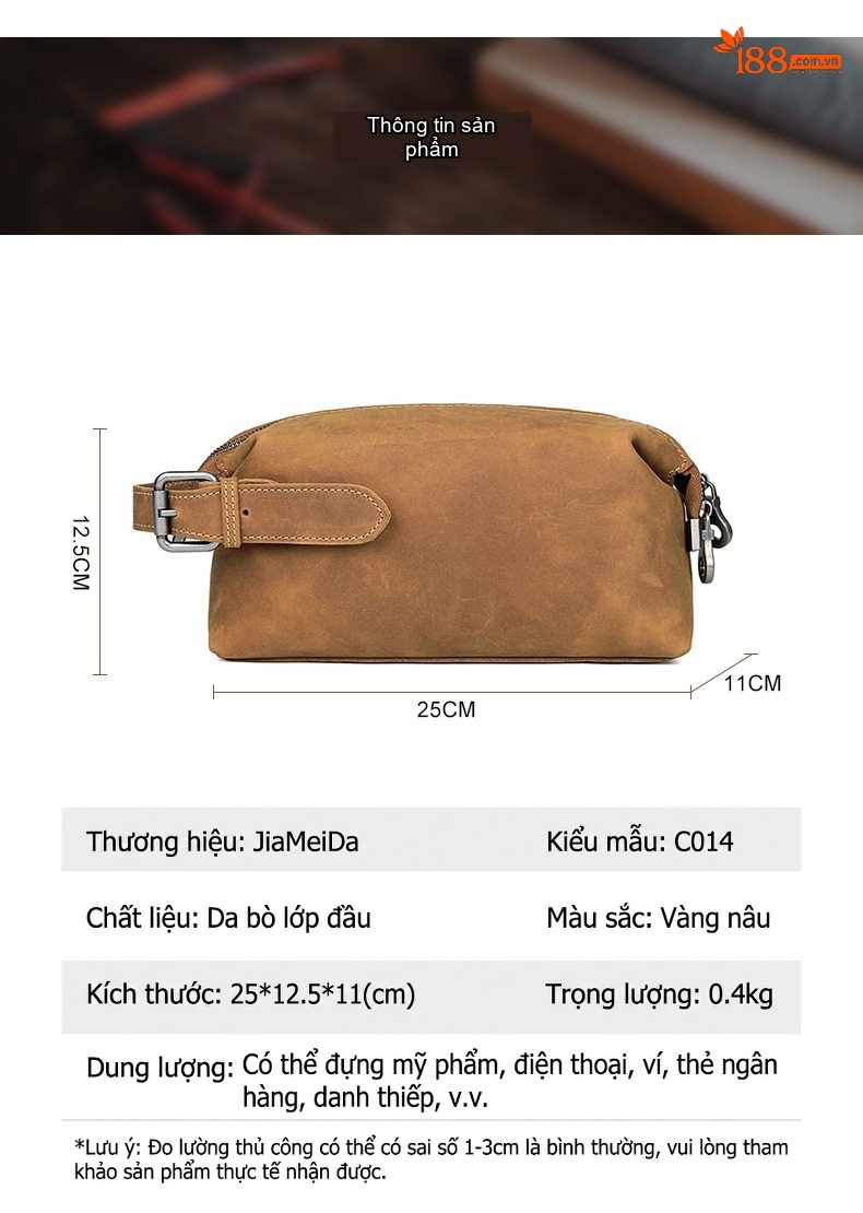 Túi Đựng Đồ Cá Nhân/Makeup Nam Nữ Da Bò Vintage Dung Tích Lớn Màu Nâu chi tiết 6