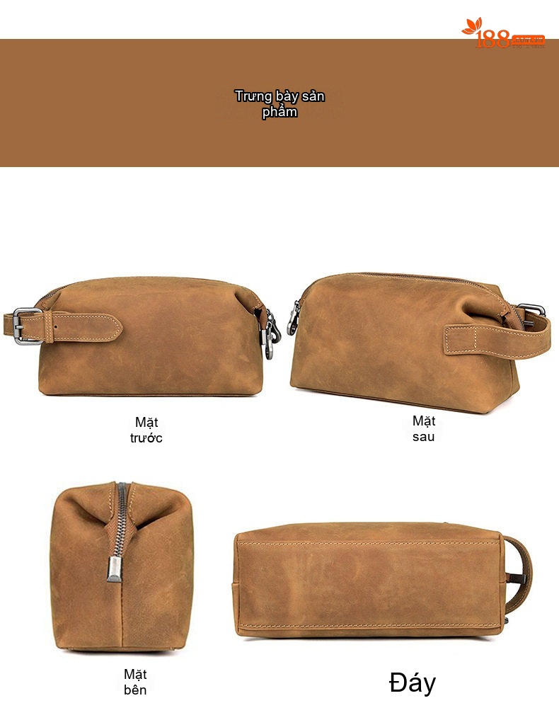 Túi Đựng Đồ Cá Nhân/Makeup Nam Nữ Da Bò Vintage Dung Tích Lớn Màu Nâu chi tiết 7