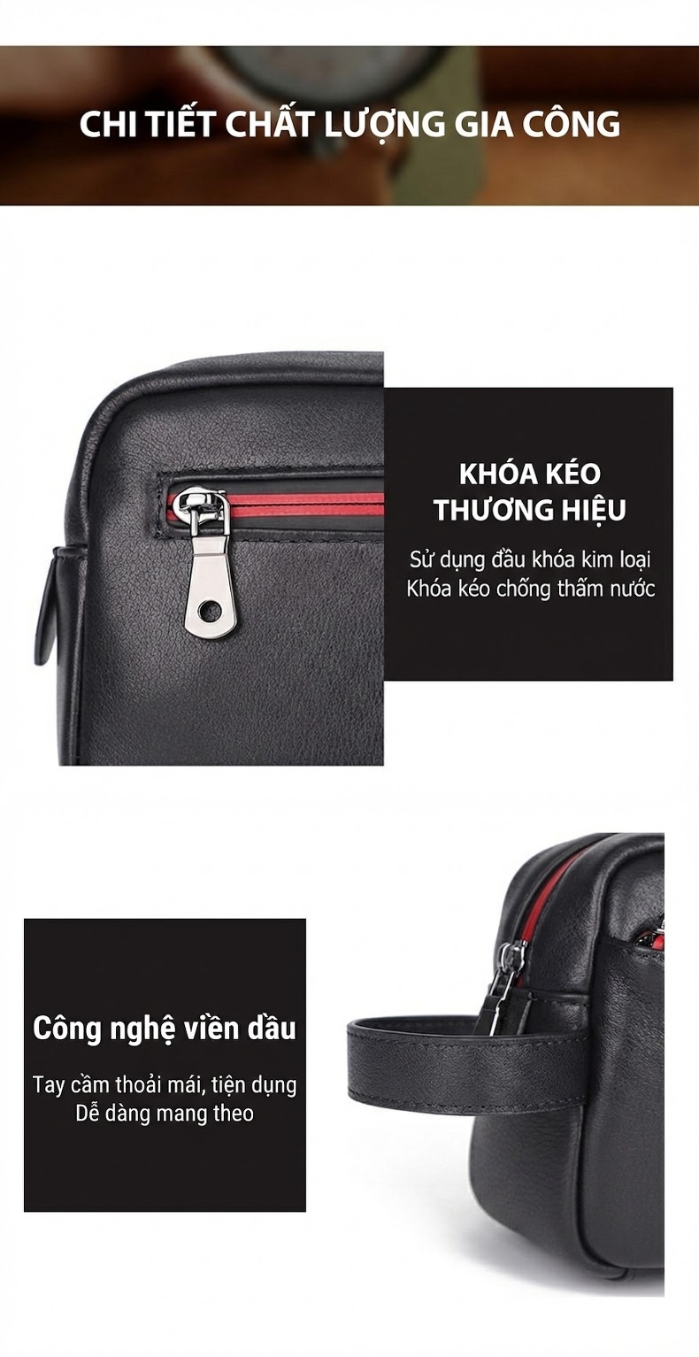 Túi Đựng Đồ Cá Nhân Nam Da Thật Túi Xách Tay Du Lịch Chống Nước Nhiều Ngăn Màu Đen chi tiết 5