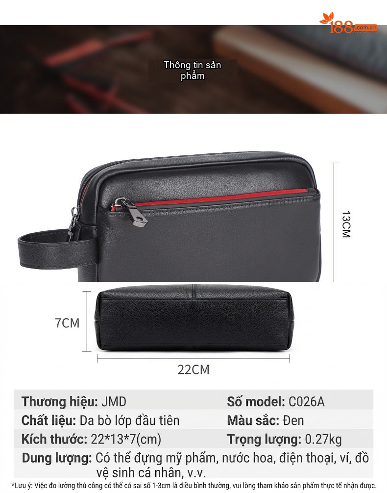 Túi Đựng Đồ Cá Nhân Nam Da Thật Túi Xách Tay Du Lịch Chống Nước Nhiều Ngăn Màu Đen chi tiết 6