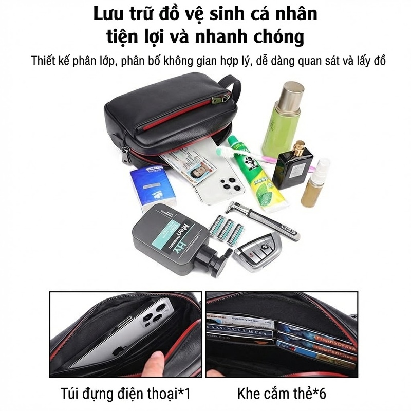 Túi Đựng Đồ Cá Nhân Nam Da Thật Túi Xách Tay Du Lịch Chống Nước Nhiều Ngăn Màu Đen