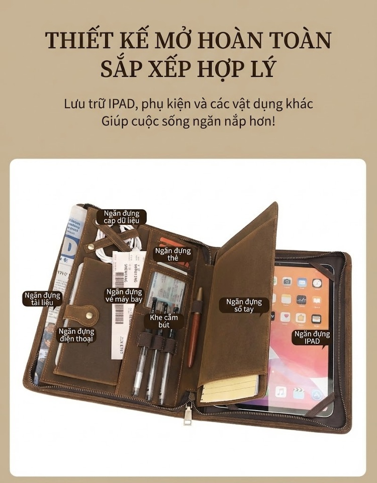 Túi Đựng iPad Da Thật Khóa Kéo Phong Cách Retro Cỡ 11 Inch Màu Nâu chi tiết 5