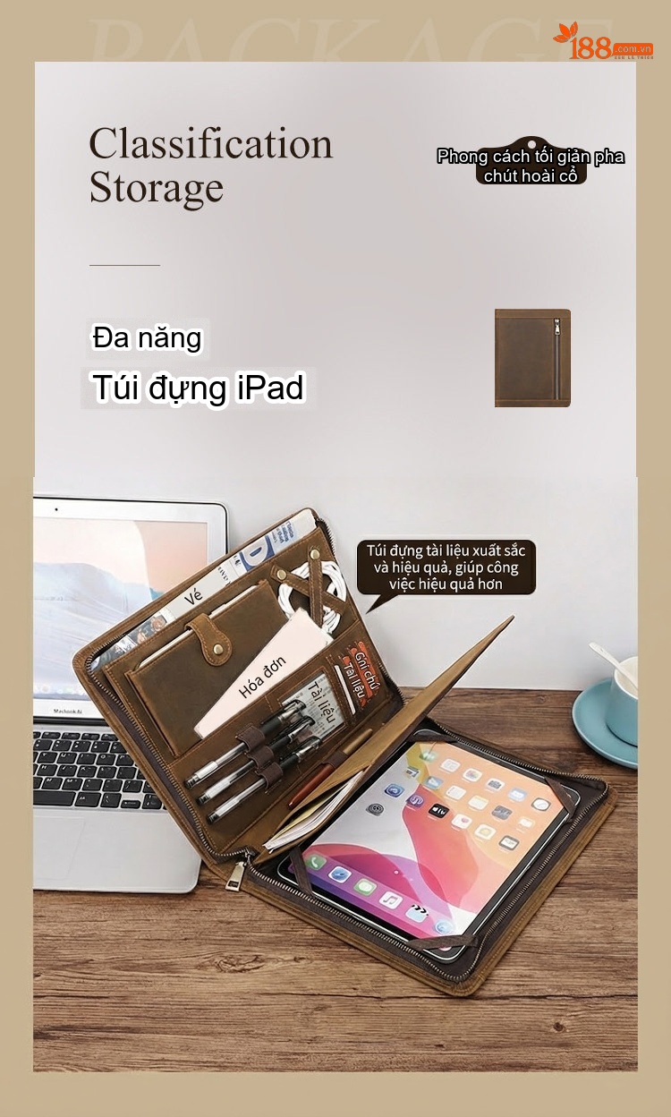 Túi Đựng iPad Da Thật Khóa Kéo Phong Cách Retro Cỡ 11 Inch Màu Nâu chi tiết 1