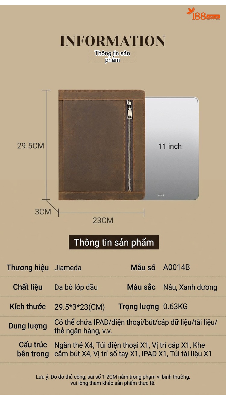 Túi Đựng iPad Da Thật Khóa Kéo Phong Cách Retro Cỡ 11 Inch Màu Nâu chi tiết 2