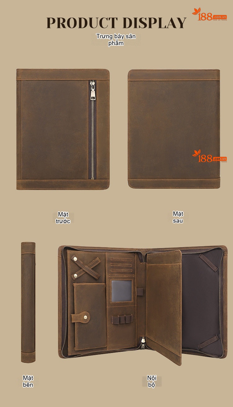 Túi Đựng iPad Da Thật Khóa Kéo Phong Cách Retro Cỡ 11 Inch Màu Nâu chi tiết 3