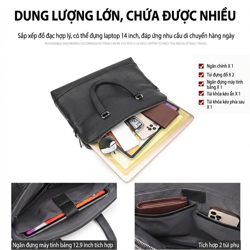 Túi Đựng Laptop Nam Da Bò Công Sở Khổ Ngang Có Dây Đeo Chéo Màu Đen