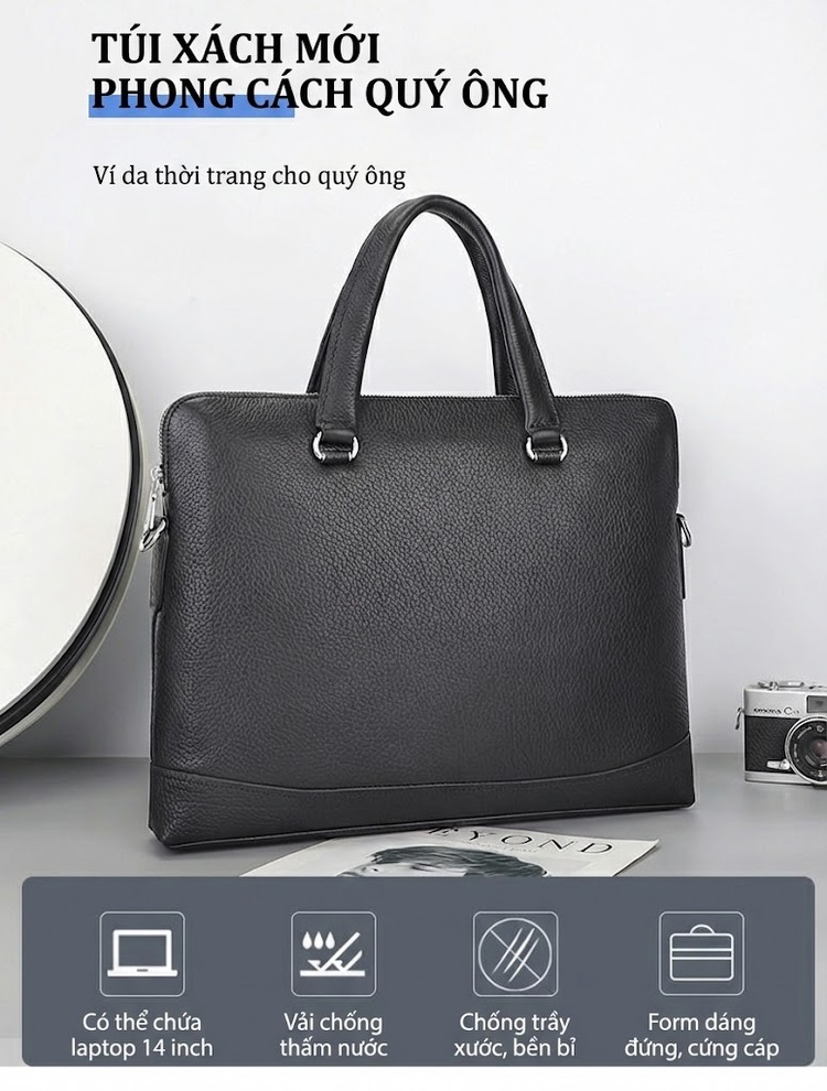 Túi Đựng Laptop Nam Da Bò Công Sở Khổ Ngang Có Dây Đeo Chéo Màu Đen chi tiết 2