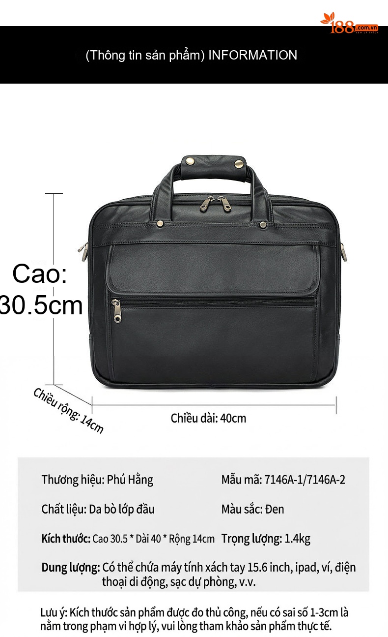 Túi Đựng Laptop Nam Da Bò Nhiều Ngăn Có Dây Đeo Màu Đen chi tiết 8
