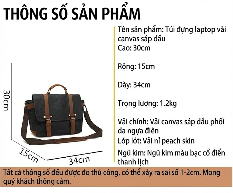 Túi Đựng Laptop Vải Canvas 15 Inch Công Sở Chống Nước Đeo Vai Màu Đen, Xanh Lá, Xám, Nâu... chi tiết 5