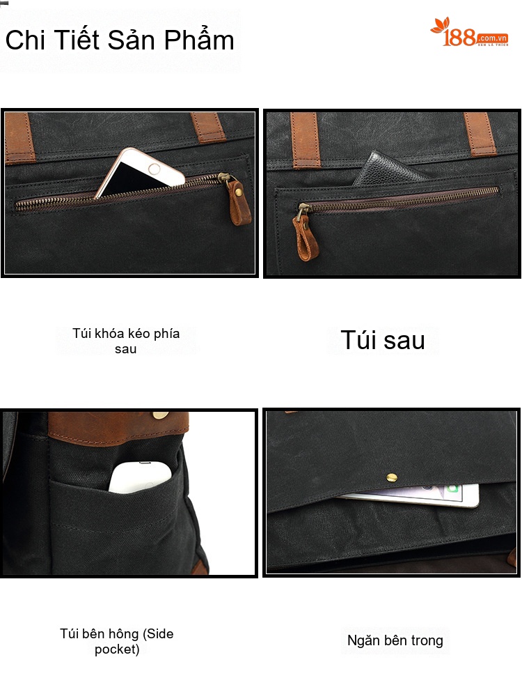 Túi Đựng Laptop Vải Canvas 15 Inch Công Sở Chống Nước Đeo Vai Màu Đen, Xanh Lá, Xám, Nâu... chi tiết 11