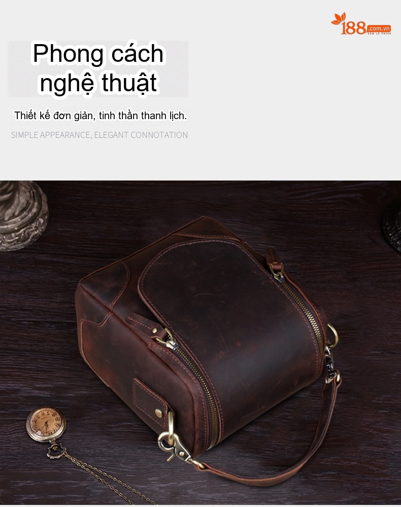 Túi Đựng Máy Ảnh Da Bò Sáp Đầu Lớp Phong Cách Cổ Điển Dây Đeo Chéo Màu Nâu chi tiết 2