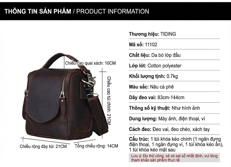 Túi Đựng Máy Ảnh Da Bò Sáp Đầu Lớp Phong Cách Cổ Điển Dây Đeo Chéo Màu Nâu chi tiết 3