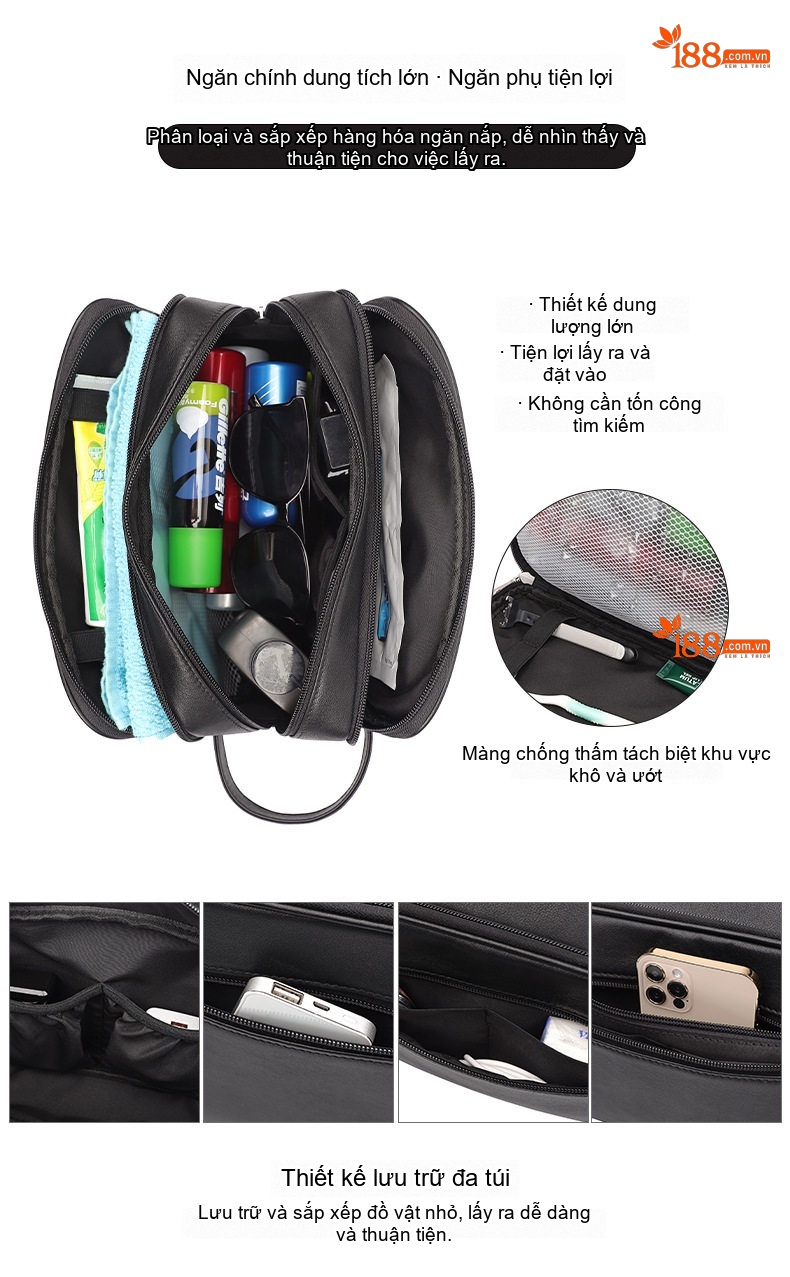 Túi Đựng Mỹ Phẩm/Đồ Cá Nhân Du Lịch Đa Năng Da Bò Khóa YKK Màu Đen chi tiết 3