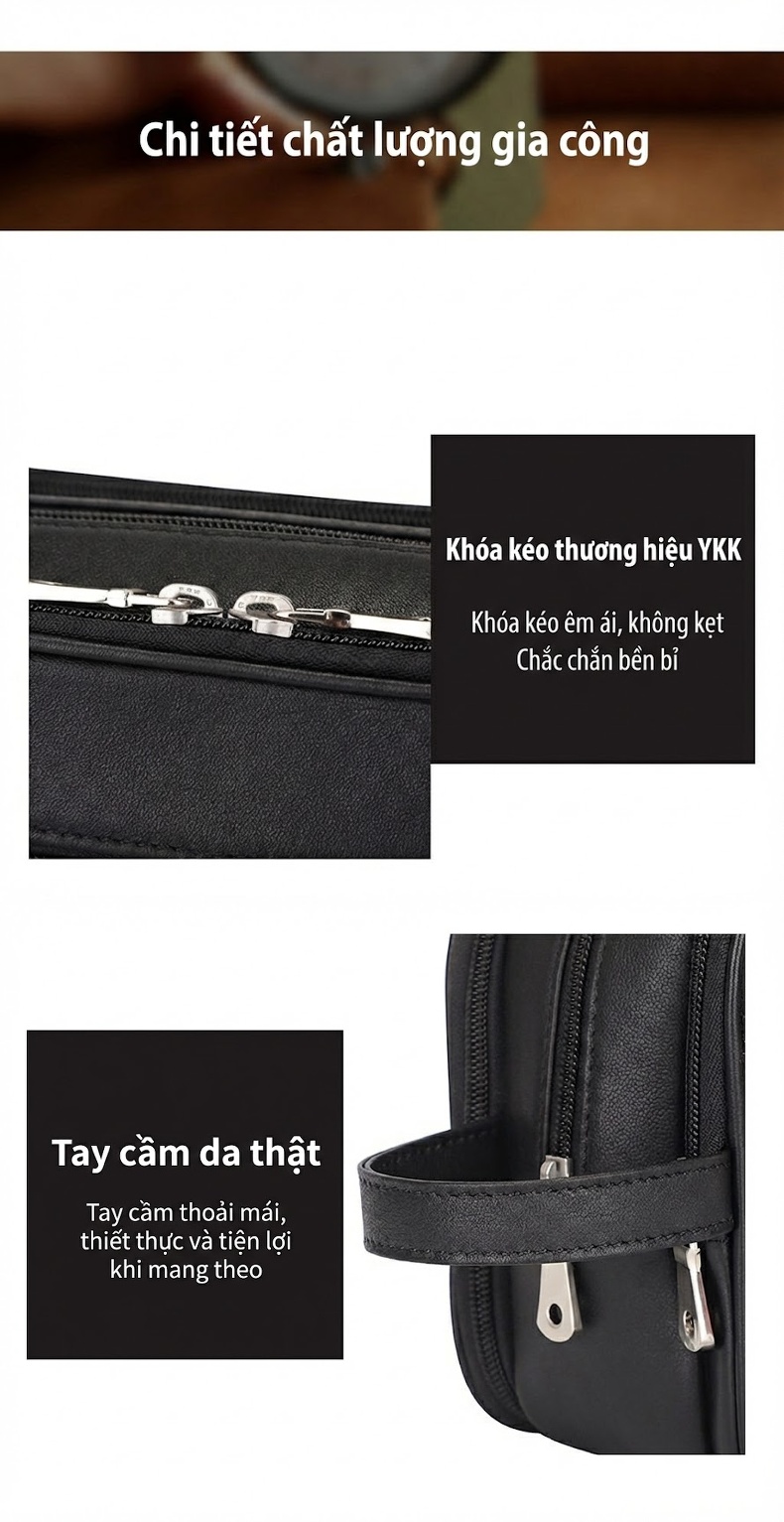 Túi Đựng Mỹ Phẩm/Đồ Cá Nhân Du Lịch Đa Năng Da Bò Khóa YKK Màu Đen chi tiết 4