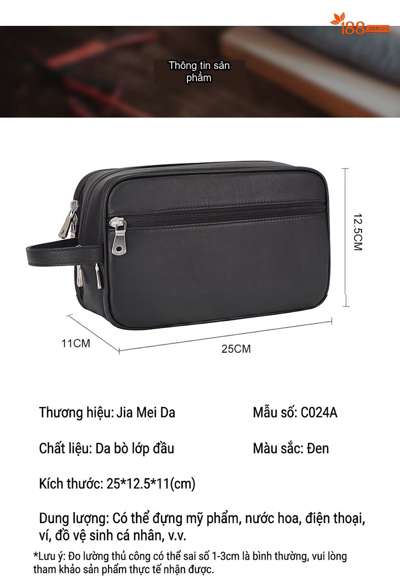 Túi Đựng Mỹ Phẩm/Đồ Cá Nhân Du Lịch Đa Năng Da Bò Khóa YKK Màu Đen chi tiết 5
