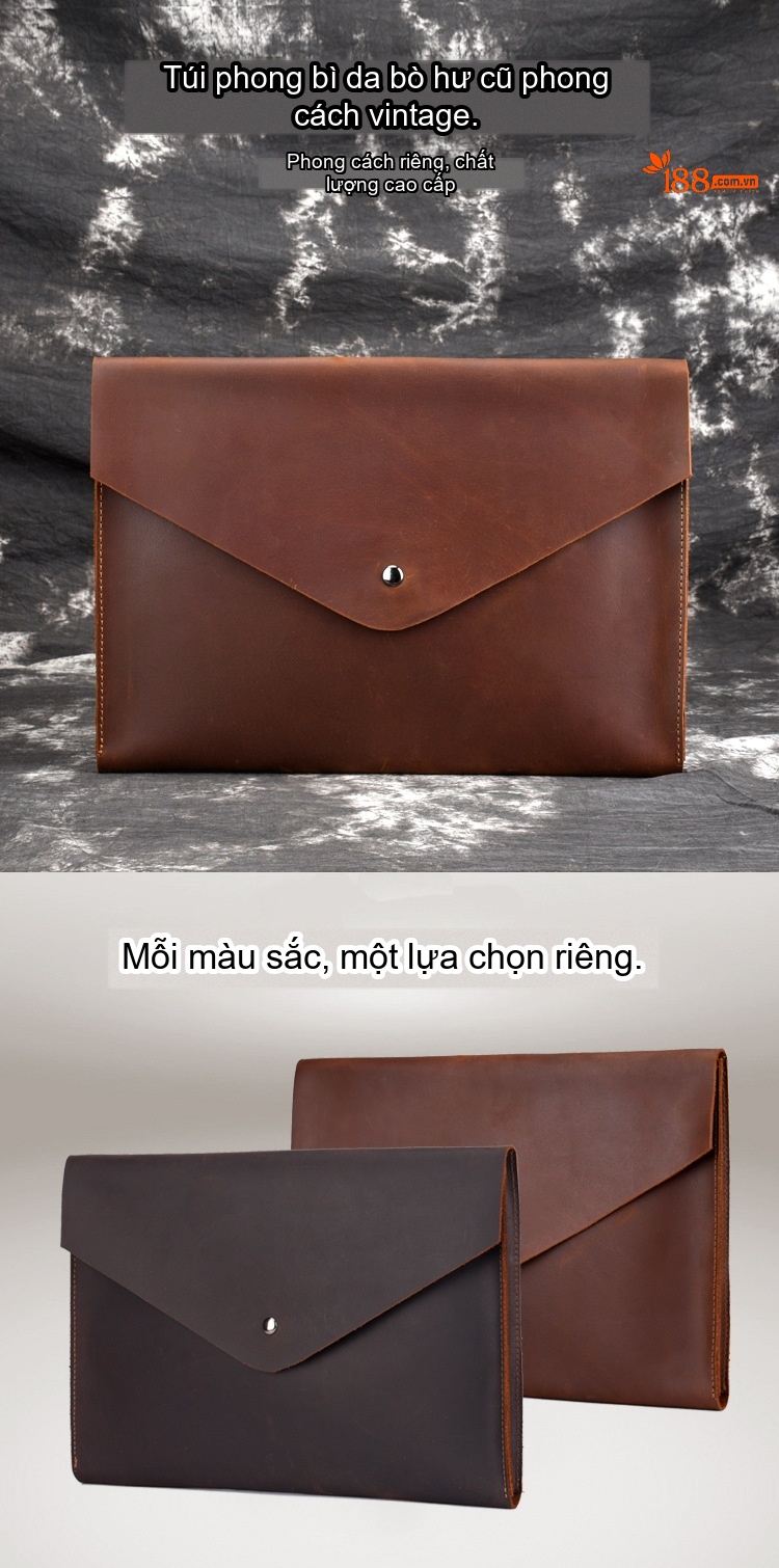 Túi Đựng Tài Liệu Nam Da Bò Sáp Thủ Công Khóa Cài Phong Cách Retro Màu Nâu, Đen chi tiết 1