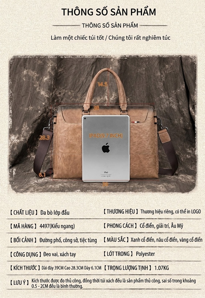 Túi Đựng Tài Liệu Nam Da Mờ Cặp Công Sở Đeo Chéo Đựng Laptop Màu Nâu, Xanh chi tiết 4