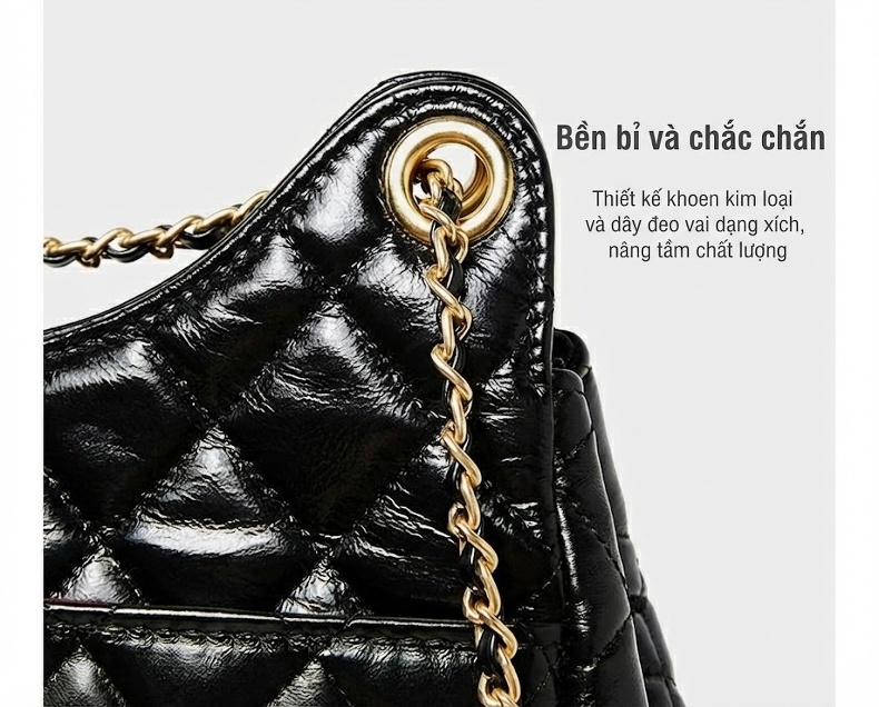 Túi Hobo Da Bò Quai Xích Trám Ô, Túi Đeo Vai, Túi Đeo Chéo Nữ Phong Cách Tiểu Thư Màu Đỏ Rượu Vang, Đen, Xám chi tiết 4