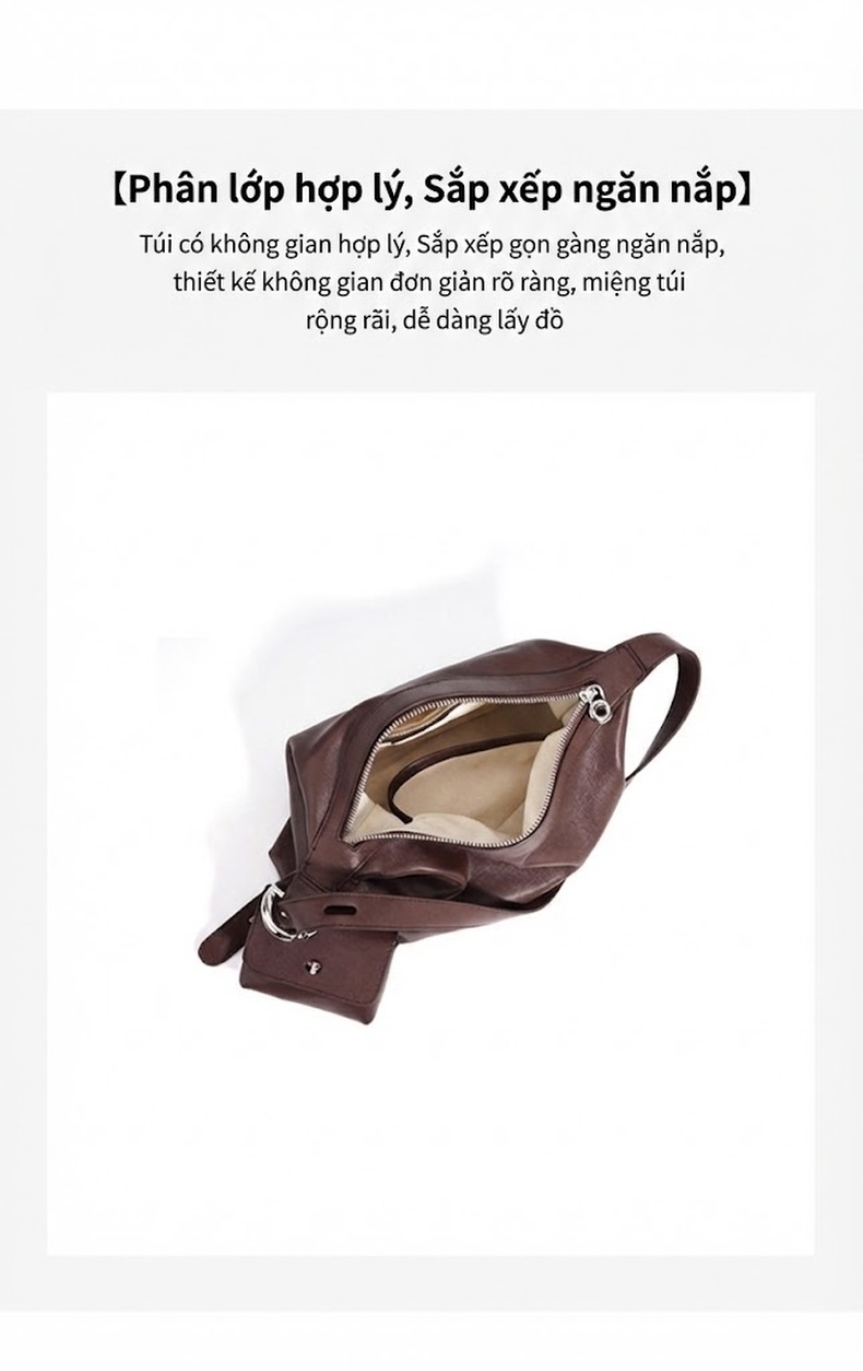 Túi Hobo Đeo Vai/Đeo Chéo Nữ Da Bò Thật, Thiết Kế Vintage, Sức Chứa Lớn Màu Đen, Nâu chi tiết 7