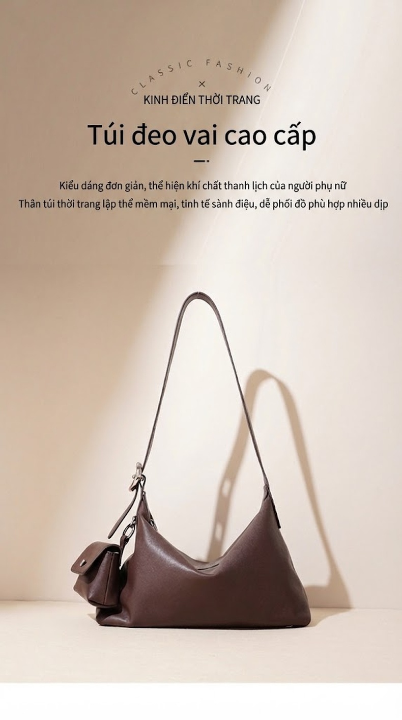 Túi Hobo Đeo Vai/Đeo Chéo Nữ Da Bò Thật, Thiết Kế Vintage, Sức Chứa Lớn Màu Đen, Nâu chi tiết 2