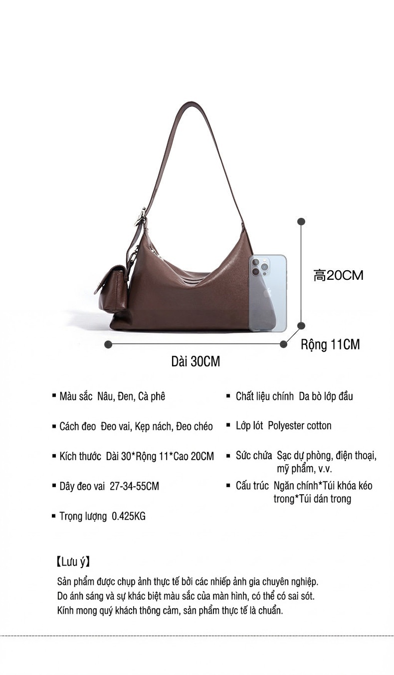 Túi Hobo Đeo Vai/Đeo Chéo Nữ Da Bò Thật, Thiết Kế Vintage, Sức Chứa Lớn Màu Đen, Nâu chi tiết 6