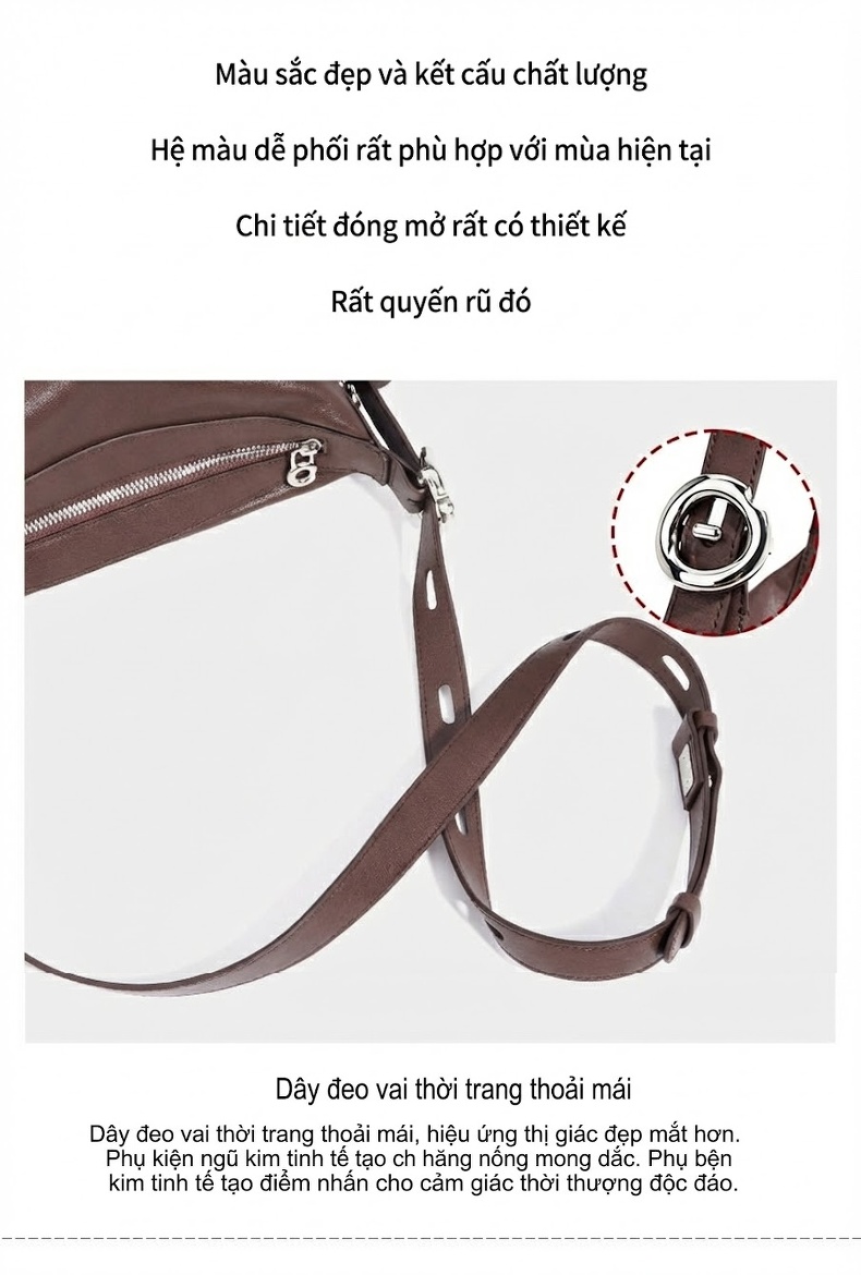 Túi Hobo Đeo Vai/Đeo Chéo Nữ Da Bò Thật, Thiết Kế Vintage, Sức Chứa Lớn Màu Đen, Nâu chi tiết 10