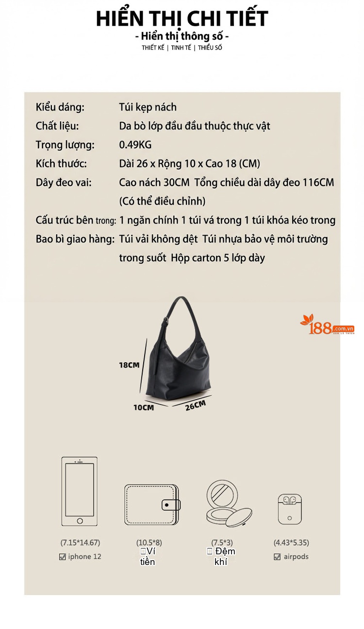 Túi Hobo Nữ Da Bò Đeo Vai, Túi Tote Da Thật Đựng Vừa A4 Màu Đen, Nâu chi tiết 5